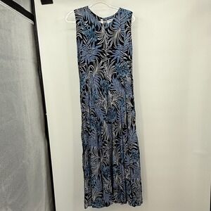 Her Style Maxi‎ Dress Womens Sz S Blue Black Leaf Resort Sleeveless Rayon Hawaii